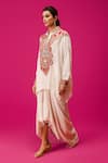 Buy_Rishi and Soujit_Ivory Crepe Embroidery Thread Collar Paisley Kaftan And Skirt Set _Online_at_Aza_Fashions