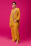 Buy_Rishi and Soujit_Yellow Crepe Embroidery Thread Mandarin Collar Paisley Kaftan And Skirt Set _at_Aza_Fashions