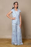 Buy_Kirti Agarwal - Pret N Couture_Blue Net Embroidery Bead Floral Jacket Flared Pant Set _at_Aza_Fashions