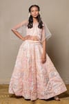 Buy_Kirti Agarwal - Pret N Couture_Peach Net Embroidery Bead Placket Cape Lehenga Set _at_Aza_Fashions