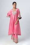 Buy_Pants and Pajamas_Pink Embroidery Zari Thread Blunt V Neck Silk Chanderi Floral Kurta _at_Aza_Fashions