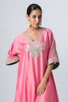 Pants and Pajamas_Pink Embroidery Zari Thread Blunt V Neck Silk Chanderi Floral Kurta _Online_at_Aza_Fashions