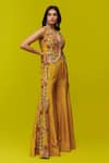 Shop_Rishi and Soujit_Yellow Embroidery Thread Cutwork Floral Waistcoat And Flared Pant Set _Online_at_Aza_Fashions