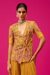 Shop_Rishi and Soujit_Yellow Jacket Bemberg Silk Embroidery Resham Plunge V Peplum And Flared Pant Set _Online_at_Aza_Fashions