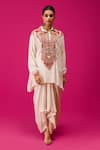 Buy_Rishi and Soujit_Ivory Crepe Embroidery Thread Collar Paisley Kaftan And Skirt Set _at_Aza_Fashions