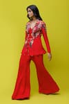 Buy_Rishi and Soujit_Red Jacket Georgette Embroidery Thread Shawl Collar Floral And Flared Pant Set _at_Aza_Fashions