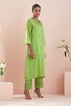 Vinusto_Green , Satin Lace Split Floral Embroidered A-line Kurta With Pant _at_Aza_Fashions