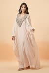 Buy_Anamika Khanna_Pink Embroidered Sequins Kaftan V Neck Yoke _Online_at_Aza_Fashions