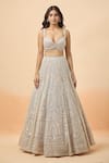 Seema Gujral_Peach Net Embroidered Floral Art Sweetheart Bridal Lehenga Set _Online_at_Aza_Fashions