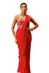 Shop_Rishi and Soujit_Ivory Blouse Bemberg Silk Embroidery Border Pre-draped Saree With Corset _Online_at_Aza_Fashions