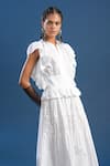 POOJA SHROFF_White Cotton Denim Plain Pintuck Notched Parallel Elegance Fit And Flared Dress _Online_at_Aza_Fashions