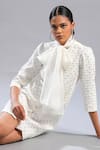 POOJA SHROFF_White Denim Plain Cutwork Round Vector Vibe Dress _Online_at_Aza_Fashions