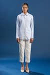 Buy_POOJA SHROFF_Blue Cotton Embroidered Stone Collar Stripes And Stilettos Shirt _at_Aza_Fashions