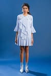 Buy_POOJA SHROFF_Blue Cotton Printed Stripped Round Linear Ruffle Dress _at_Aza_Fashions