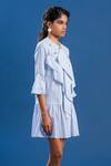 POOJA SHROFF_Blue Cotton Printed Stripped Round Linear Ruffle Dress _Online_at_Aza_Fashions