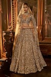 Shop_Seema Gujral_Gold Lehenga And Blouse Tissue Silk Embroidery Floral Patchwork Bridal Set _Online_at_Aza_Fashions