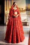 Buy_Seema Gujral_Red Net Embroidery 3d Floral Plunge Sweetheart Neck Bridal Lehenga Set _at_Aza_Fashions