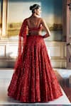 Seema Gujral_Red Net Embroidery 3d Floral Plunge Sweetheart Neck Bridal Lehenga Set _Online_at_Aza_Fashions