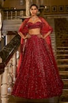 Buy_Seema Gujral_Red Net Embroidery Sequin Sweetheart Neck Crystal Bridal Lehenga Blouse Set _at_Aza_Fashions