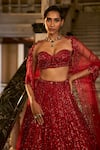 Shop_Seema Gujral_Red Net Embroidery Sequin Sweetheart Neck Crystal Bridal Lehenga Blouse Set _at_Aza_Fashions