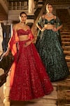 Shop_Seema Gujral_Red Net Embroidery Sequin Sweetheart Neck Crystal Bridal Lehenga Blouse Set _Online_at_Aza_Fashions