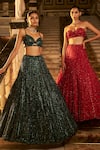 Seema Gujral_Red Net Embroidery Sequin Sweetheart Neck Crystal Bridal Lehenga Blouse Set _at_Aza_Fashions