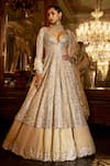 Buy_Seema Gujral_Silver Lehenga And Jacket Tissue Silk Embroidery Gota Patti Longline Skirt Set _Online_at_Aza_Fashions