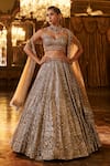 Buy_Seema Gujral_Gold Net Embroidery Sequin Sweetheart Neck Geometric Bridal Lehenga Set _at_Aza_Fashions