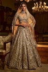 Buy_Seema Gujral_Gold Net Embroidery Zardozi Sweetheart Neck Floral Cutwork Bridal Lehenga Set _at_Aza_Fashions