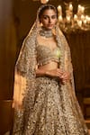 Buy_Seema Gujral_Gold Net Embroidery Zardozi Sweetheart Neck Floral Cutwork Bridal Lehenga Set _Online_at_Aza_Fashions