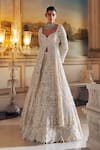 Buy_Seema Gujral_Ivory Net Embroidery Pearl Sweetheart Neck Longline Jacket Lehenga Set _Online_at_Aza_Fashions