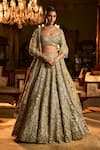 Buy_Seema Gujral_Green Net Embroidery Sequin Cutwork Neck Flower Bridal Lehenga Set _at_Aza_Fashions