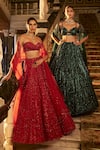 Buy_Seema Gujral_Emerald Green Net Embroidery Sequin Sweetheart Neck Stripe Bridal Lehenga Set _Online_at_Aza_Fashions