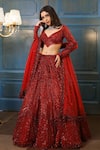 Isa By Dolly Wahal_Maroon Net Embellished Bead Sweetheart Rida Sequin Chevron Lehenga Set _Online_at_Aza_Fashions