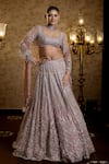 Buy_Isa By Dolly Wahal_Pink Net Embellished Bead Afra Floral Chevron Sequin Bridal Lehenga Set _at_Aza_Fashions