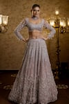 Isa By Dolly Wahal_Pink Net Embellished Bead Afra Floral Chevron Sequin Bridal Lehenga Set _Online_at_Aza_Fashions