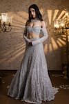 Shop_Isa By Dolly Wahal_Silver Net Embellished Bead Off Sienna Crystal Scallop Bridal Trail Lehenga Set 