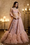 Buy_Isa By Dolly Wahal_Peach Net Embellished Bead Scoop Floral Butterfly Ruffle Bridal Lehenga Set _at_Aza_Fashions