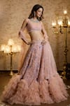 Isa By Dolly Wahal_Peach Net Embellished Bead Scoop Floral Butterfly Ruffle Bridal Lehenga Set _Online_at_Aza_Fashions