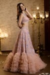 Shop_Isa By Dolly Wahal_Peach Net Embellished Bead Scoop Floral Butterfly Ruffle Bridal Lehenga Set _Online_at_Aza_Fashions