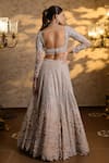 Shop_Isa By Dolly Wahal_Beige Net Embellished Bead Scoop Sequin Crystal Checkered Floral Lehenga Set _at_Aza_Fashions