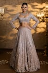 Isa By Dolly Wahal_Beige Net Embellished Bead Scoop Sequin Crystal Checkered Floral Lehenga Set _Online_at_Aza_Fashions