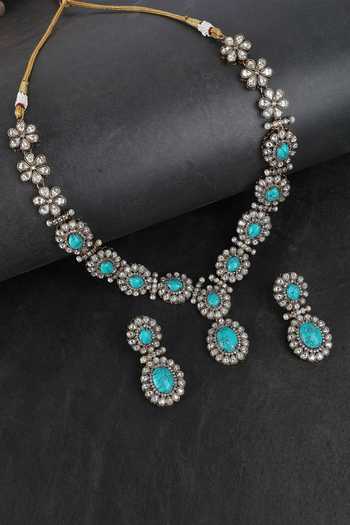 Shop_Auraa Trends_Green Crystals, Stones Floret Carved Necklace Set _at_Aza_Fashions