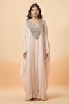 Anamika Khanna_Pink Embroidered Sequins Kaftan V Neck Yoke _Online_at_Aza_Fashions