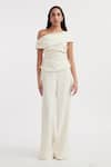 Deme by Gabriella_Off White Ferrari Solid Jacket Oversized Collar Natsya Long Pant Set _Online_at_Aza_Fashions