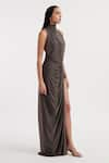 Buy_Deme by Gabriella_Grey Malai Lycra Solid Round Cowl Neck Beatrix Slit Gown _Online_at_Aza_Fashions