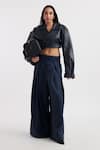 Buy_Deme by Gabriella_Blue Leather Solid Lapel Collar Celia Cropped Jacket Pant Set _at_Aza_Fashions