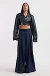 Deme by Gabriella_Blue Leather Solid Lapel Collar Celia Cropped Jacket Pant Set _Online_at_Aza_Fashions