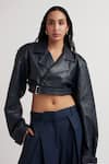 Deme by Gabriella_Blue Leather Solid Lapel Collar Celia Cropped Jacket Pant Set _at_Aza_Fashions