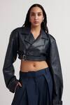 Buy_Deme by Gabriella_Blue Leather Solid Lapel Collar Celia Cropped Jacket _at_Aza_Fashions